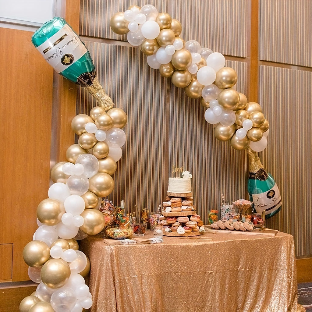 88pcs Shimmering Champagne Bottle Balloon Garland Arch Kit - Festive New Year Decorations - Golden & Silvery Transparent Balloons for Birthday, Wedding, and Anniversary Celebrations