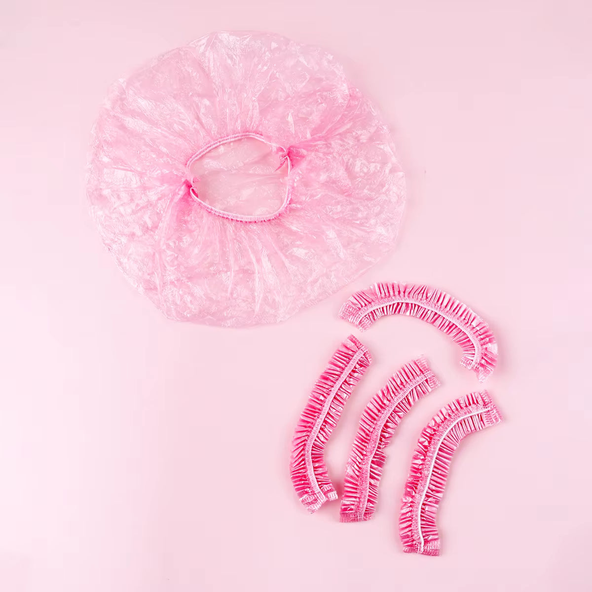100pc Disposable shower cap, transparent plastic strip waterproof, enlarged and thickened beauty and hair cap for hotels