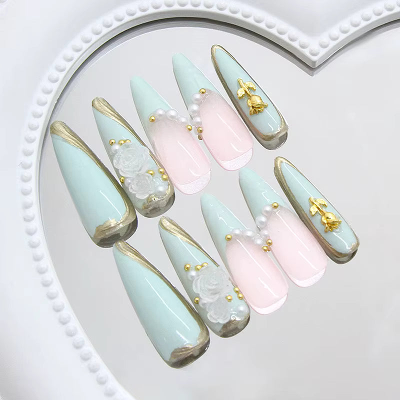 24 fake nails, duck nails almond nails fashionable wearable nails, ladies press nails, including 1 nail glue and 1 nail file