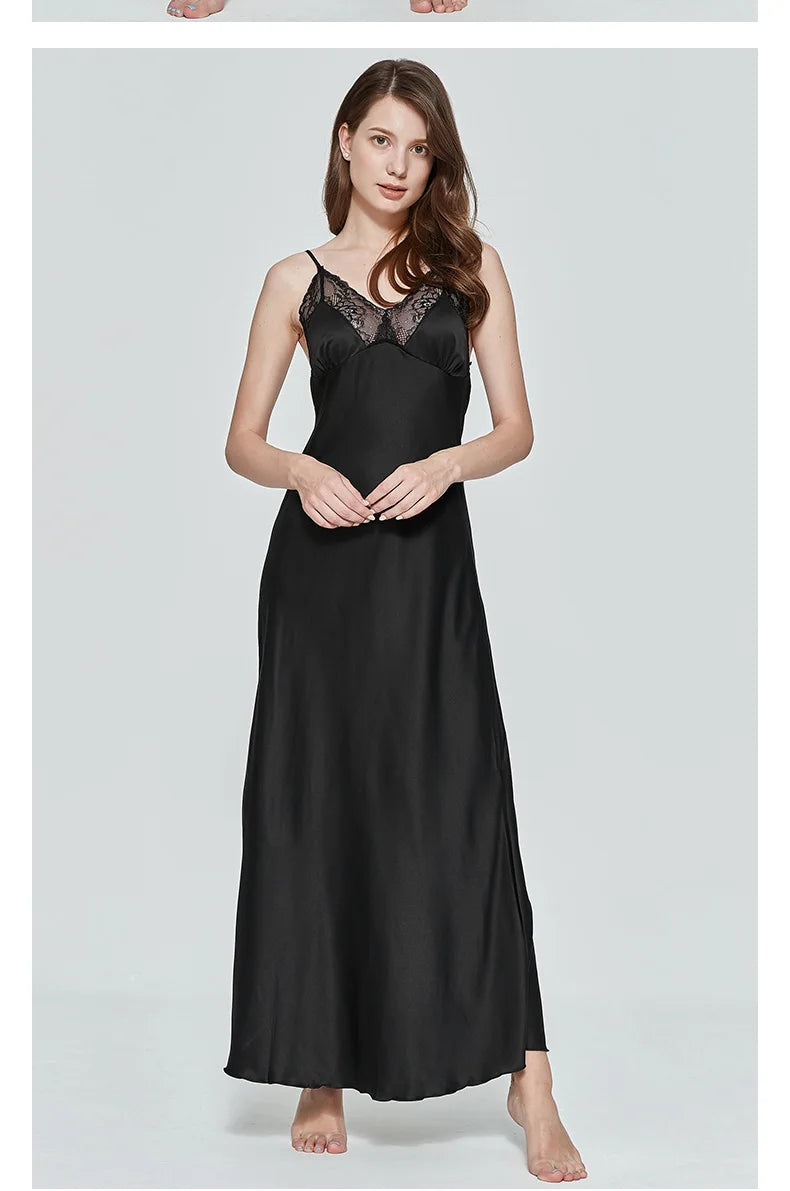 Sexy Women Nightgown Long Night Dress Artificial Silk Stain Deep-V Sleepwear Female Dressing Gown Nightie Nightwear