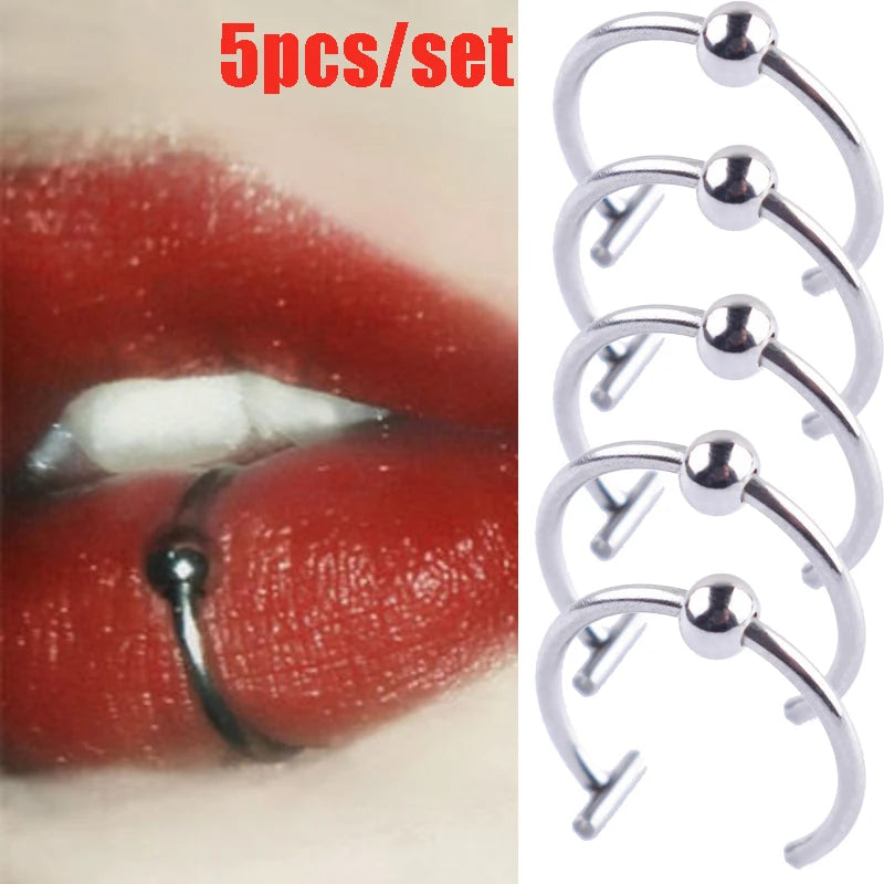 5Pcs Lip Nose Rings Neutral Punk Lip-shaped Ear Nose Clip Fake Diaphragm with Perforated Lip Hoop Body Jewelry Steel Ring