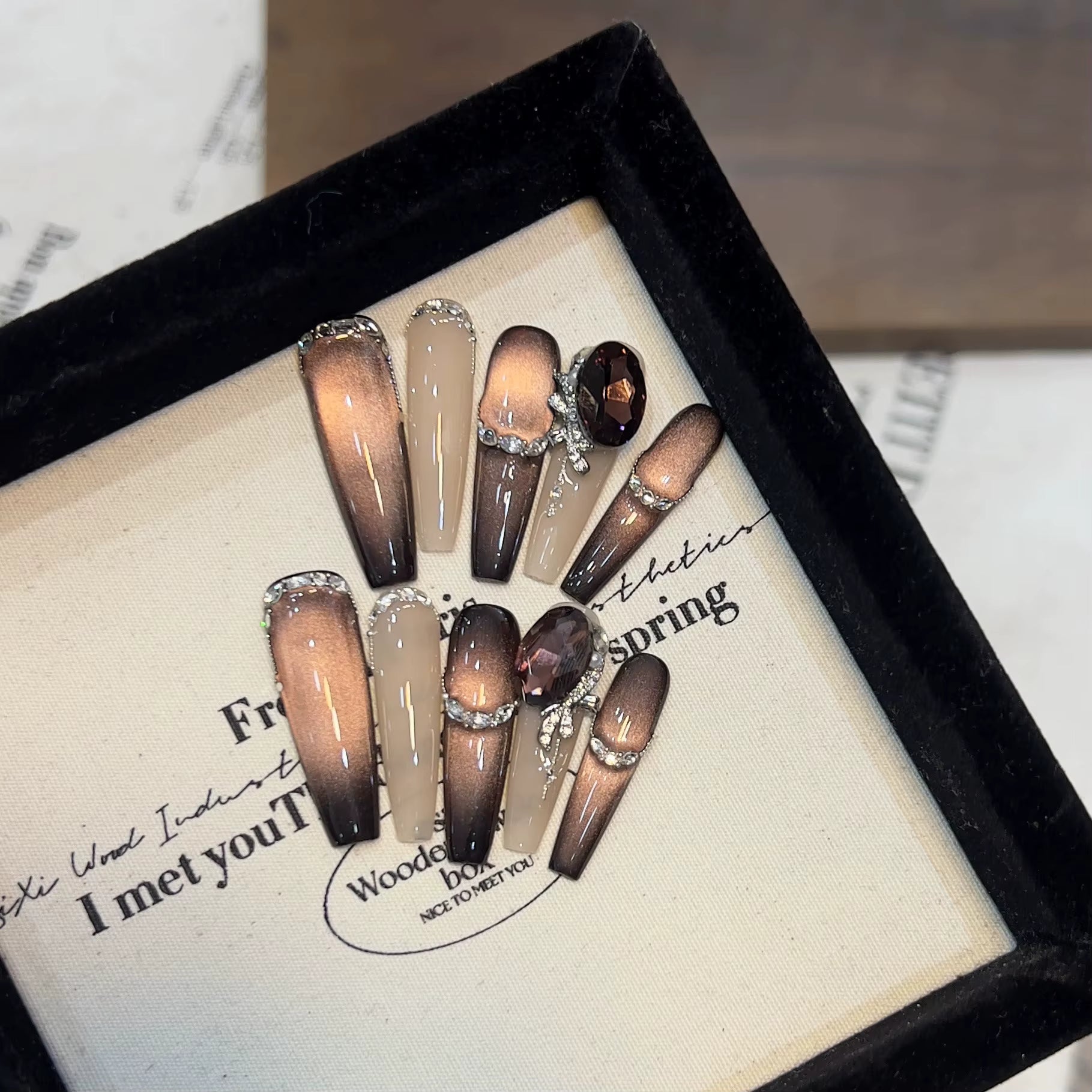 Long Handmade Press On Nails Brown Phototherapy Cat's Eye False Nails Removable Flash Zircon Fake Nails Diamond French Nail Art