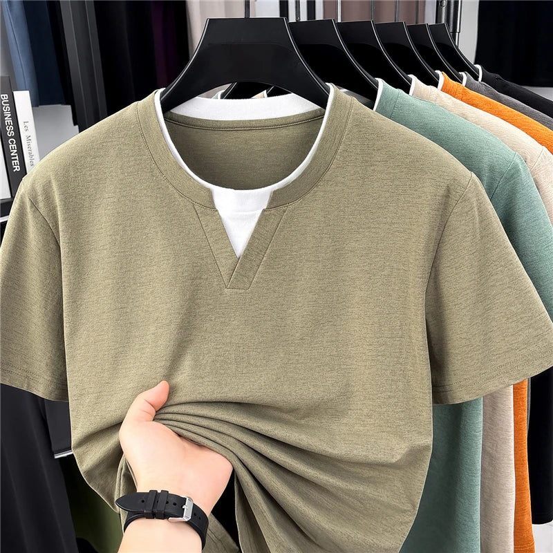 Men's Fashion V Neck T Shirt With Fake Two Piece Detail Soft Elastic Fabric For Daily And Casual Use