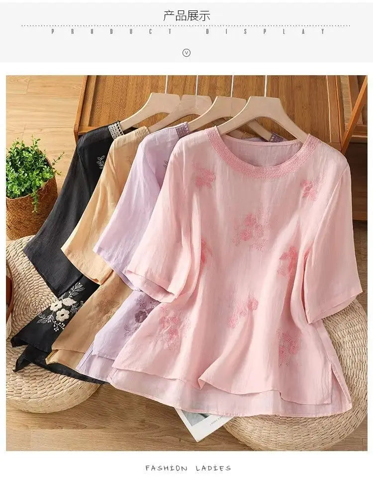 Women's Casual Linen Blouse Floral Embroidery Round Neck Short Sleeve Side Split Loose Fit Summer Tops