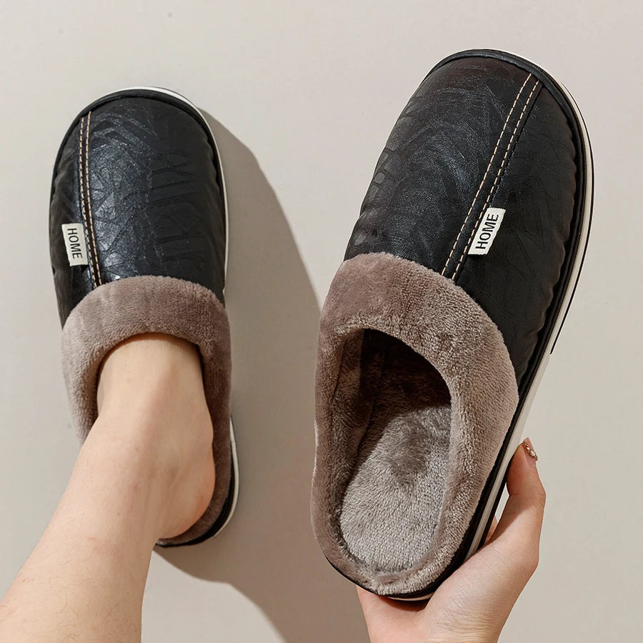 Bedroom Fashion Warm Soft Winter Men's Slippers Indoor Comfy Casual Big Size Anti-slip PU Surface Waterproof Home Plush Shoes
