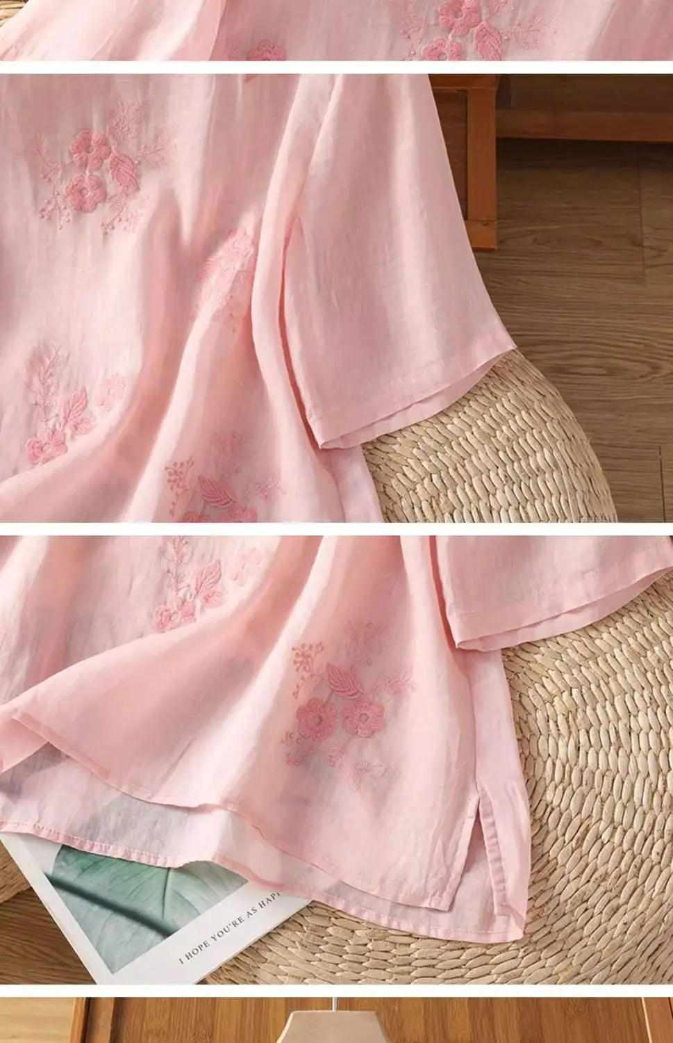 Women's Casual Linen Blouse Floral Embroidery Round Neck Short Sleeve Side Split Loose Fit Summer Tops