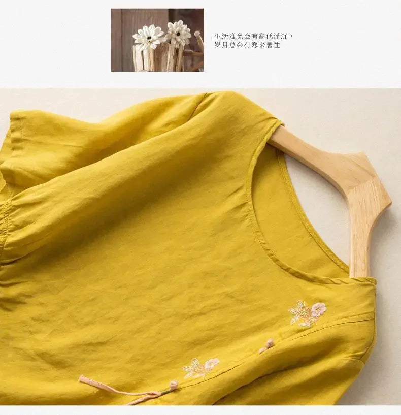 Short-sleeved Linen Tops with Folded Buttons of Artistic Retro Cotton Linen T-shirts Versatile Loose Embroidery 2025 Summer Tops