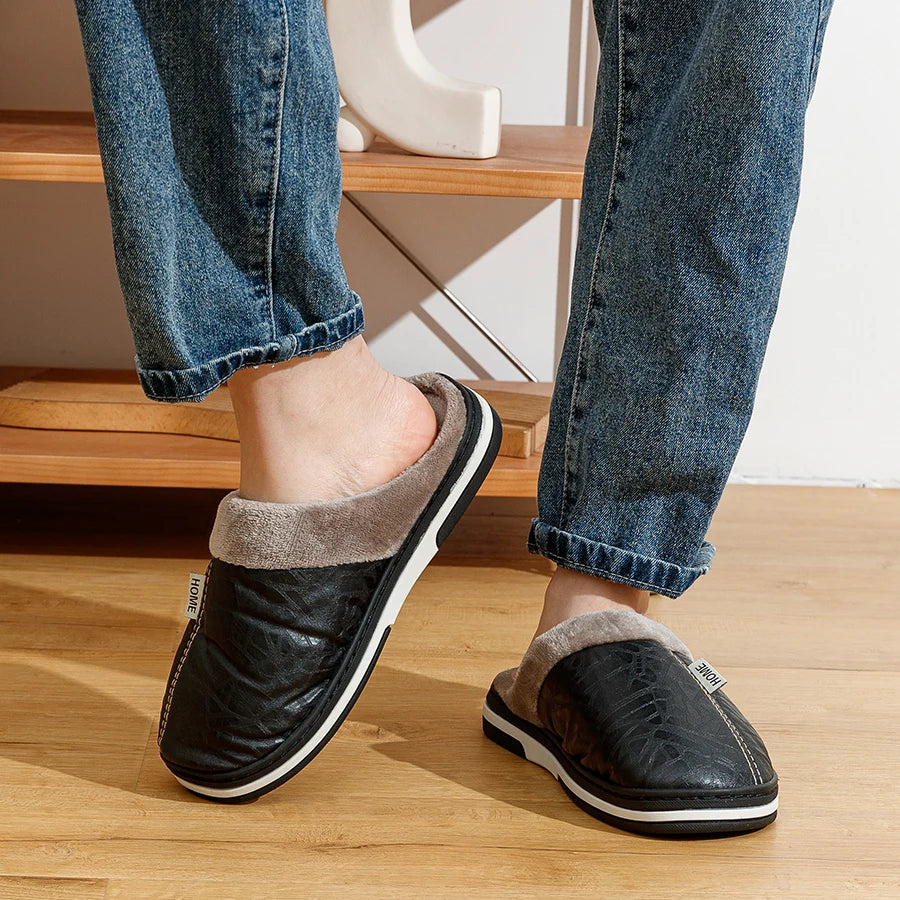 Bedroom Fashion Warm Soft Winter Men's Slippers Indoor Comfy Casual Big Size Anti-slip PU Surface Waterproof Home Plush Shoes