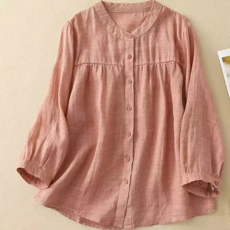 Women's Linen Cotton Blouse - Stand Collar 3/4 Sleeve Loose Fit Casual Shirt