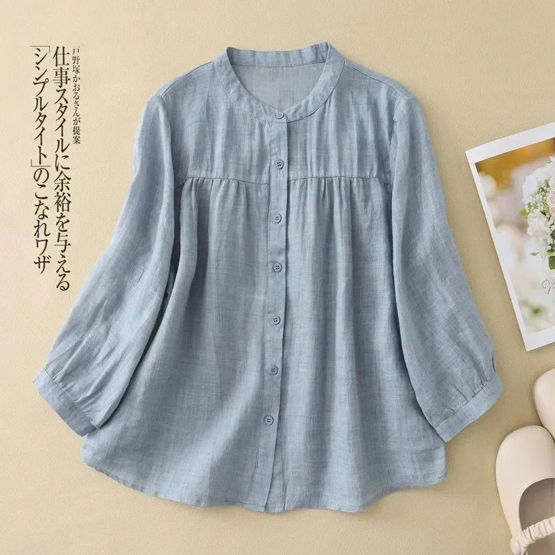 Women's Linen Cotton Blouse - Stand Collar 3/4 Sleeve Loose Fit Casual Shirt