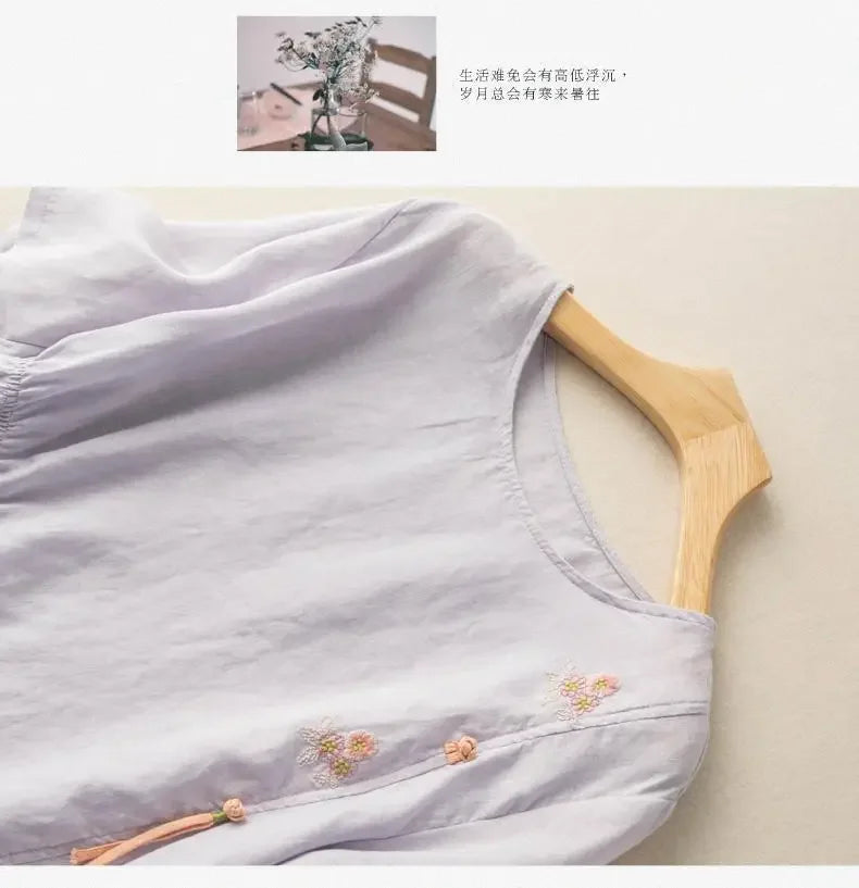 Short-sleeved Linen Tops with Folded Buttons of Artistic Retro Cotton Linen T-shirts Versatile Loose Embroidery 2025 Summer Tops