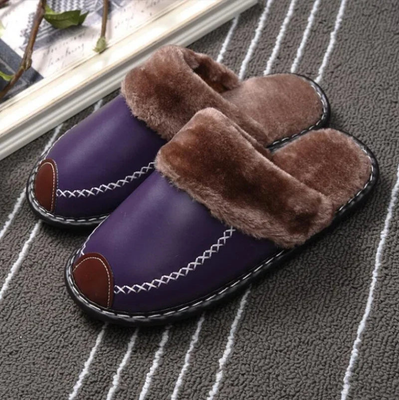 Men Women Winter Leather Slippers Bedroom Cotton Slippers Male Waterproof Thick Plus Velvet Indoor Warm House Home Slippers Shoe