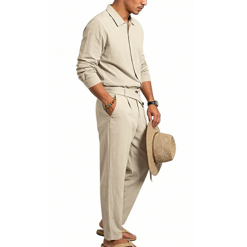 Men's Loose Fit Linen 2 Piece Outfit Solid Color Casual Long Sleeve Hooded Shirt & Long Pants Breathable Suit