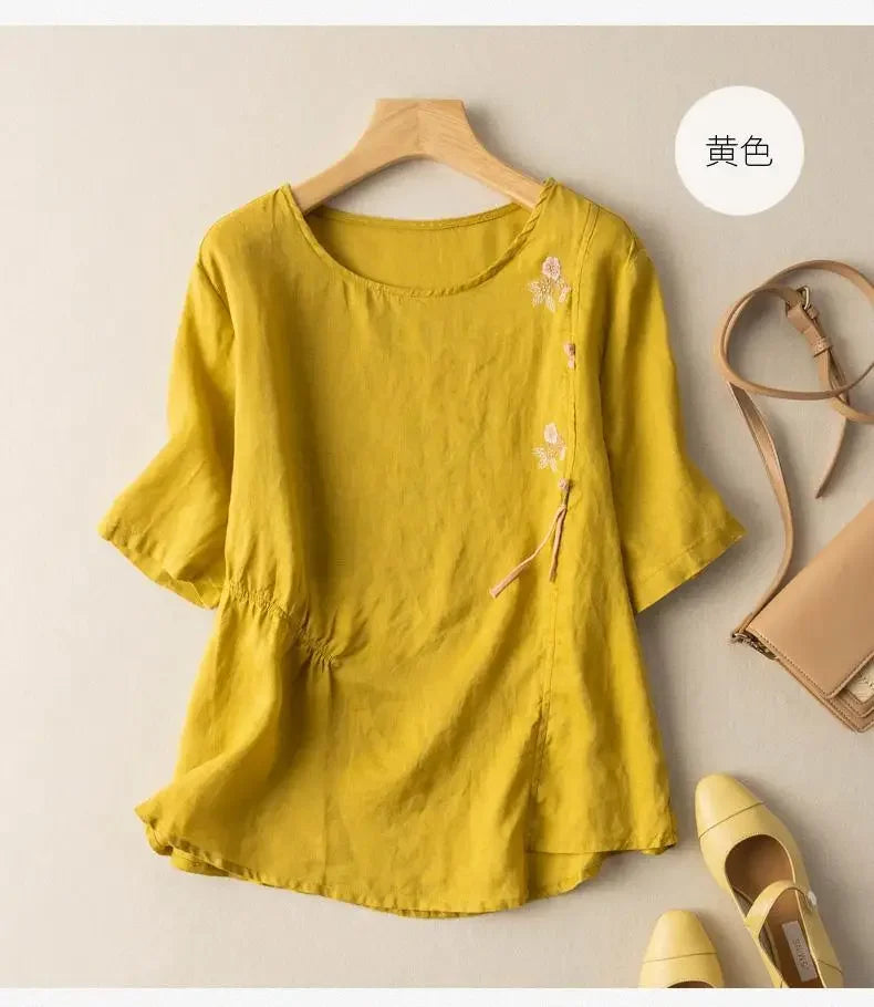 Short-sleeved Linen Tops with Folded Buttons of Artistic Retro Cotton Linen T-shirts Versatile Loose Embroidery 2025 Summer Tops