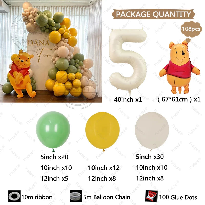 108Pcs Winnie The Pooh Latex Arch Garland Balloon Winnie Party Supplies Bear Party Balloons for Baby Shower Birthday Party Decor