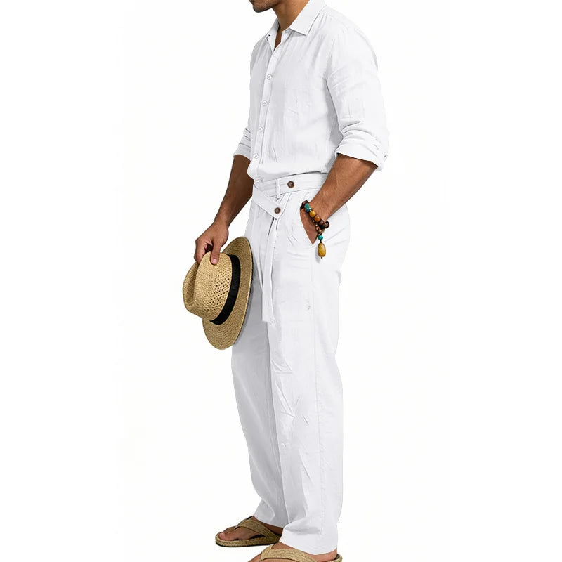 Men's Loose Fit Linen 2 Piece Outfit Solid Color Casual Long Sleeve Hooded Shirt & Long Pants Breathable Suit