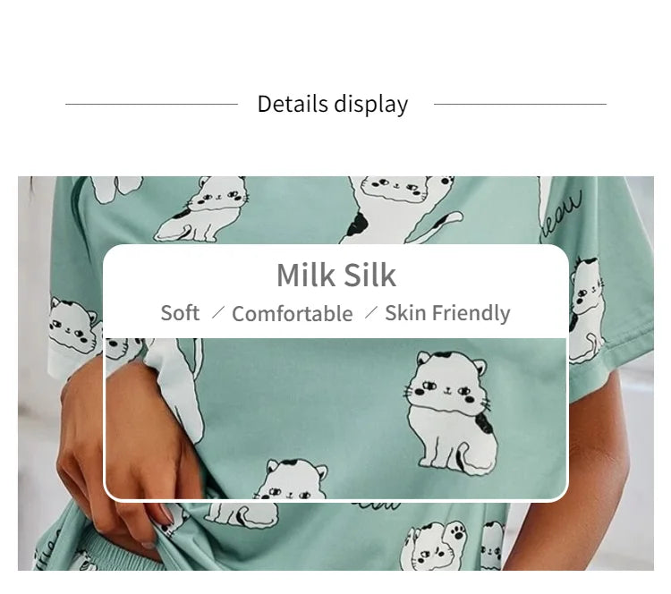 Women Pajamas Sets Short Sleeve Nightwear Top and Pants Sleepwear 2 Piece Pjs Loungewear Cartoon Print Pyjamas Set Nightwear