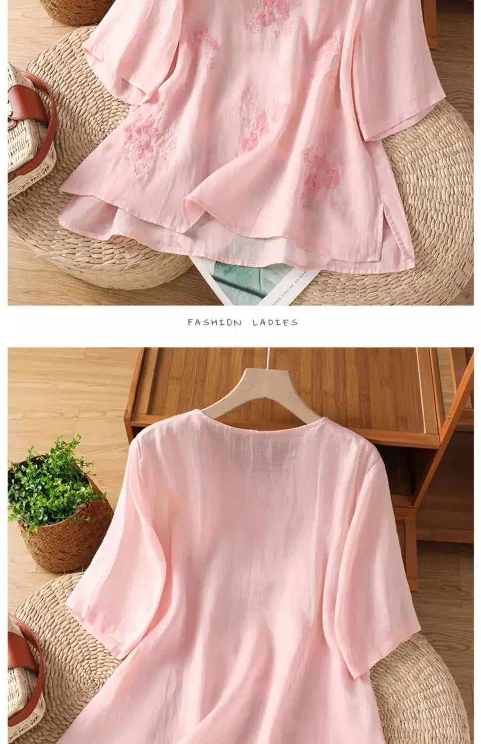 Women's Casual Linen Blouse Floral Embroidery Round Neck Short Sleeve Side Split Loose Fit Summer Tops