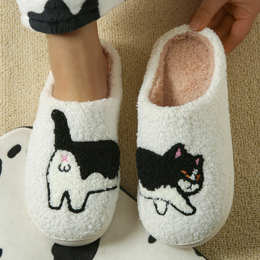 -Women's Slippers Winter Indoor Warm Cute Cartoon Cat Bedroom Lightweight Soft Sole Breathable Leisure Plush Shoes Couple