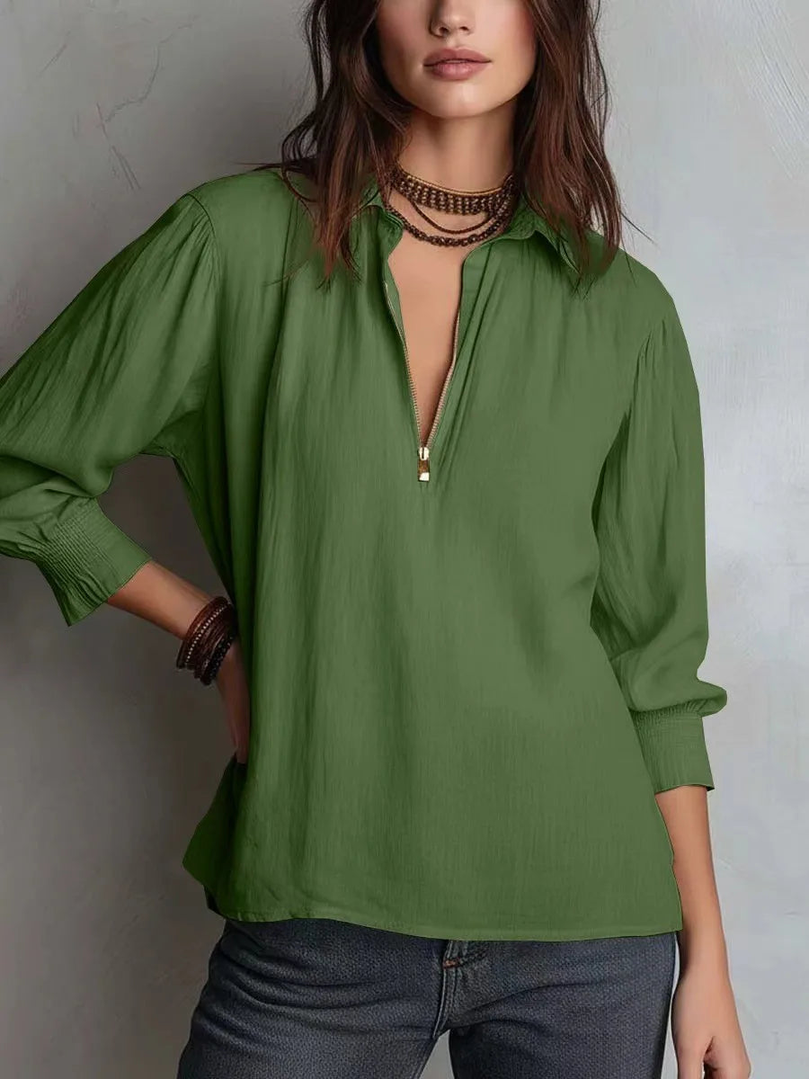 Women‘s Linen Shirt, Oversized Zip-Up Blouse, Casual Loose Fit Pure Color Top, Summer Long Sleeve Shirts for Women •