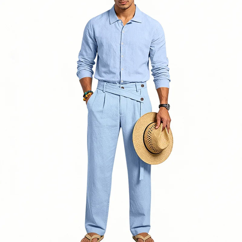Men's Loose Fit Linen 2 Piece Outfit Solid Color Casual Long Sleeve Hooded Shirt & Long Pants Breathable Suit