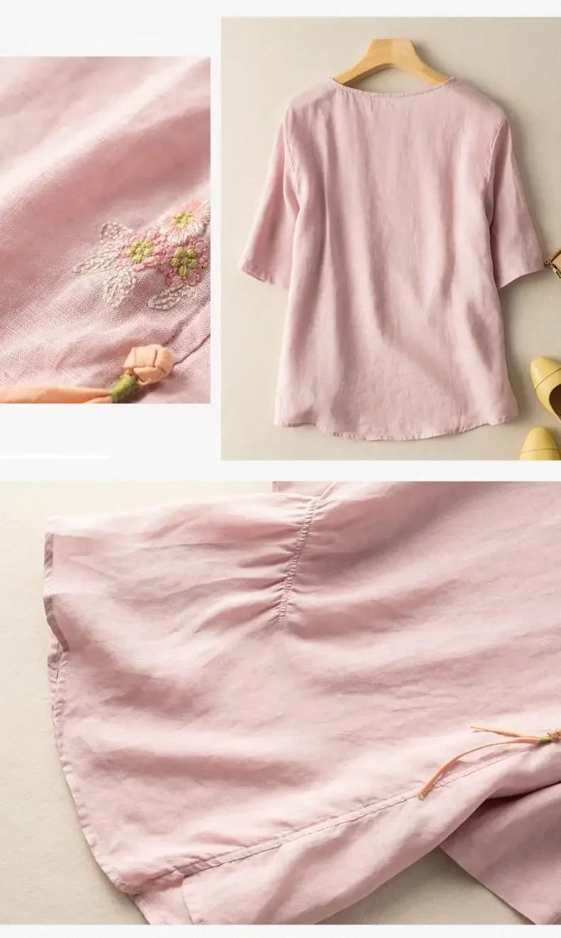 Short-sleeved Linen Tops with Folded Buttons of Artistic Retro Cotton Linen T-shirts Versatile Loose Embroidery 2025 Summer Tops