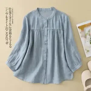 Women's Linen Cotton Blouse - Stand Collar 3/4 Sleeve Loose Fit Casual Shirt