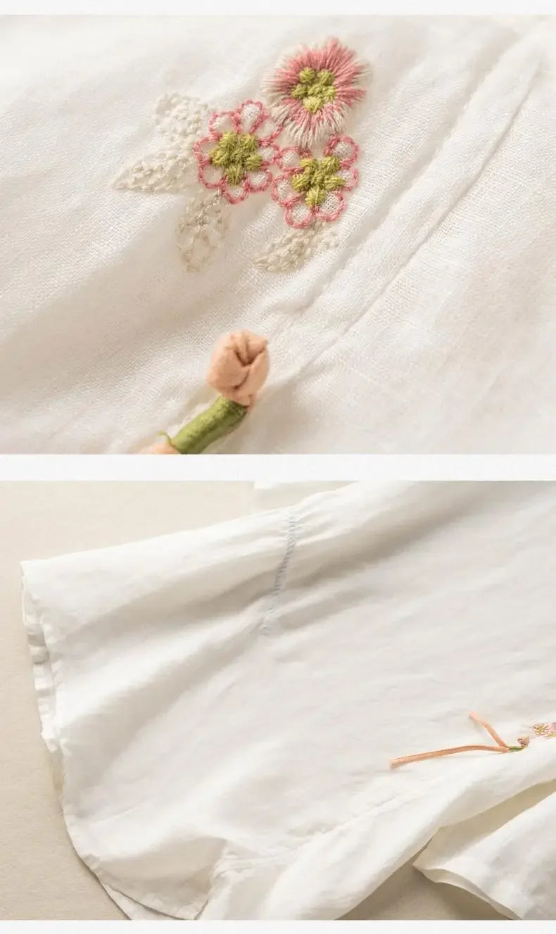 Short-sleeved Linen Tops with Folded Buttons of Artistic Retro Cotton Linen T-shirts Versatile Loose Embroidery 2025 Summer Tops