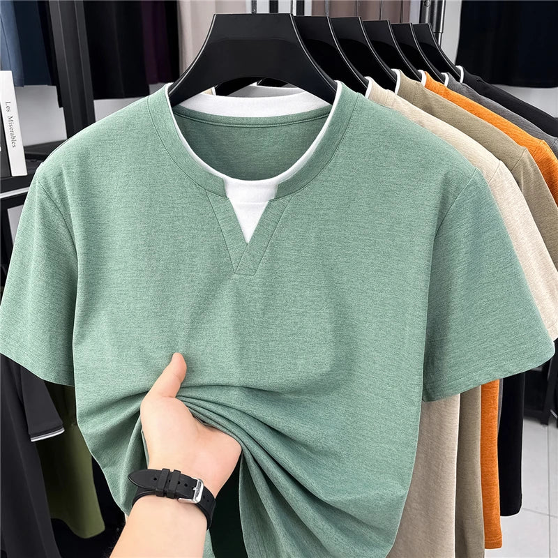 Men's Fashion V Neck T Shirt With Fake Two Piece Detail Soft Elastic Fabric For Daily And Casual Use