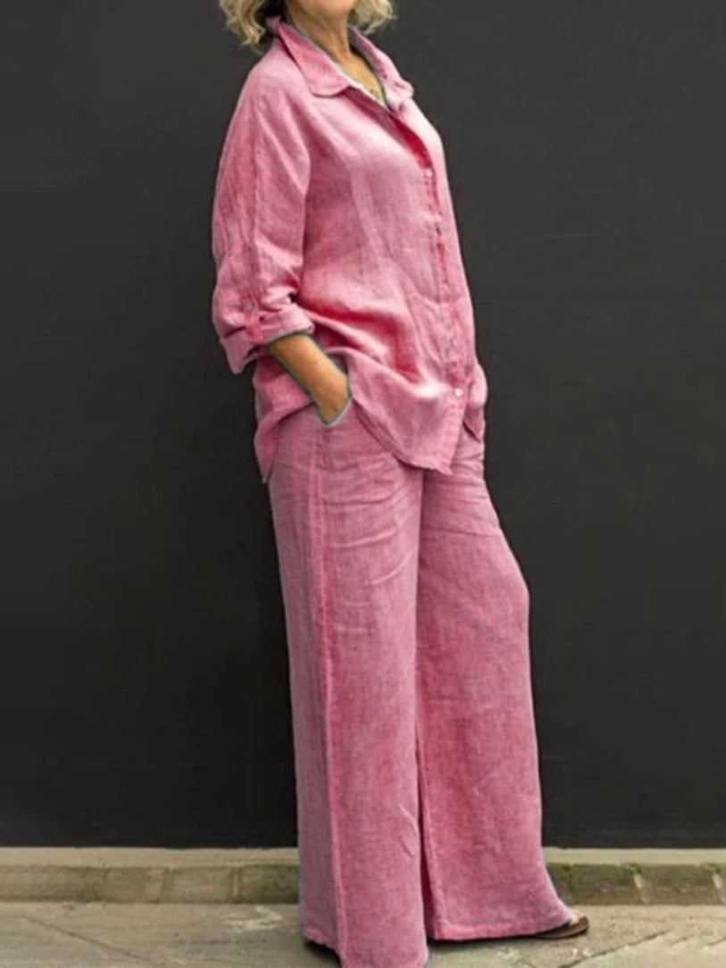 Women Linen Casual Shirt 2 Pieces Set Fashion Lapel Long Sleeve Button Blouse And Trousers Outfits Loose Wide Leg Pants Suits