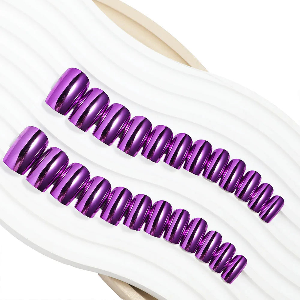 24pcs/set short fake nails metallic red black rose green blue silver golden square tips mirror effect press on false nail art