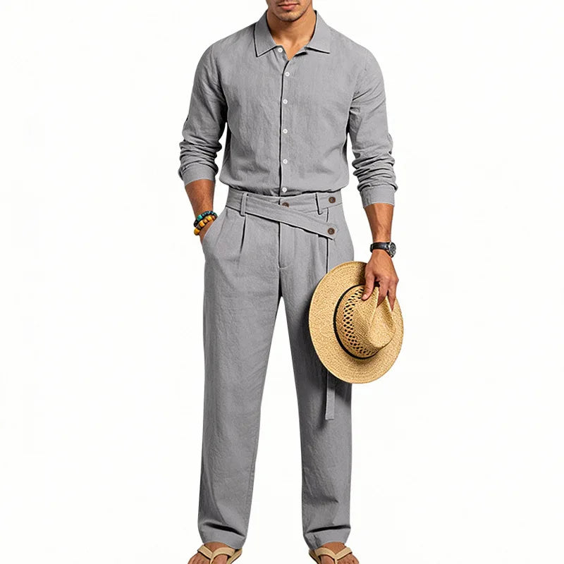 Men's Loose Fit Linen 2 Piece Outfit Solid Color Casual Long Sleeve Hooded Shirt & Long Pants Breathable Suit