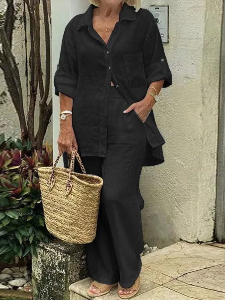 Elegant Solid Cotton Linen Shirt 2 Piece Set For Women Casual Outfits Autumn Long Sleeve Pocket Top Wide Leg Pants Suits Female