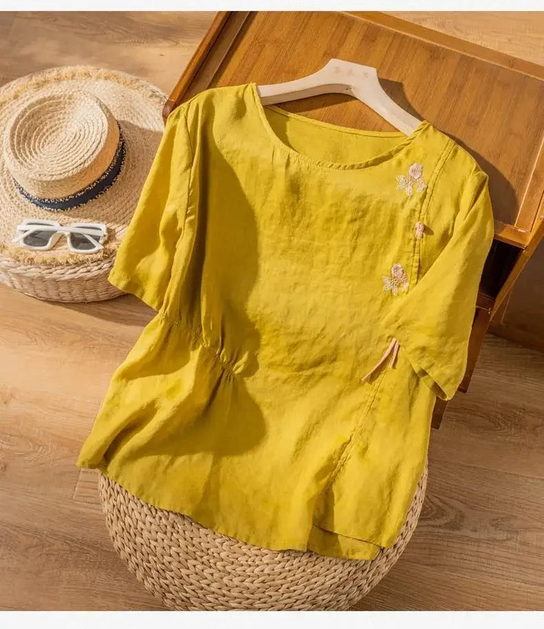 Short-sleeved Linen Tops with Folded Buttons of Artistic Retro Cotton Linen T-shirts Versatile Loose Embroidery 2025 Summer Tops