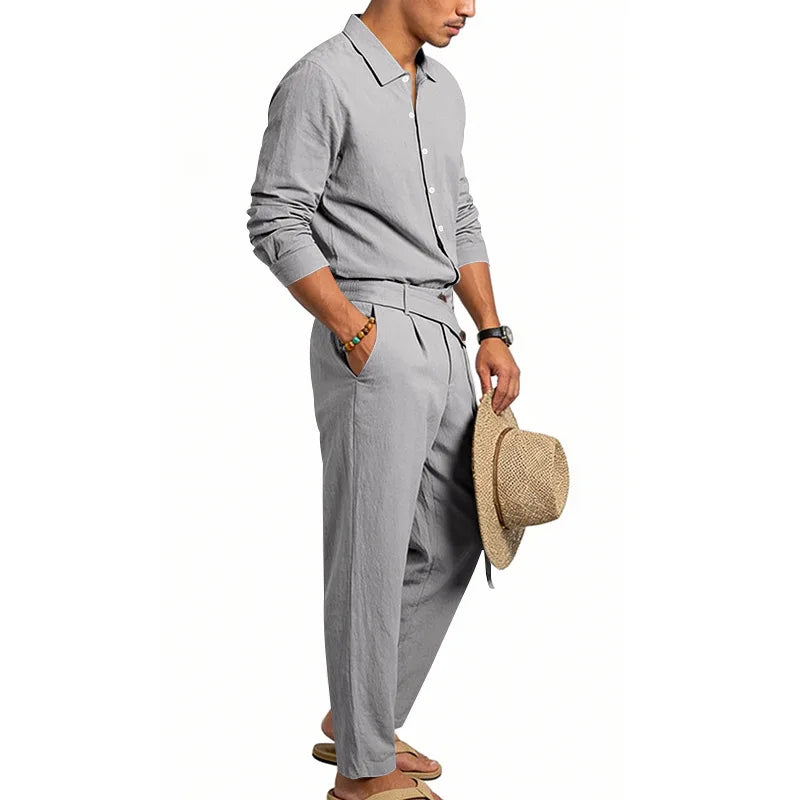Men's Loose Fit Linen 2 Piece Outfit Solid Color Casual Long Sleeve Hooded Shirt & Long Pants Breathable Suit
