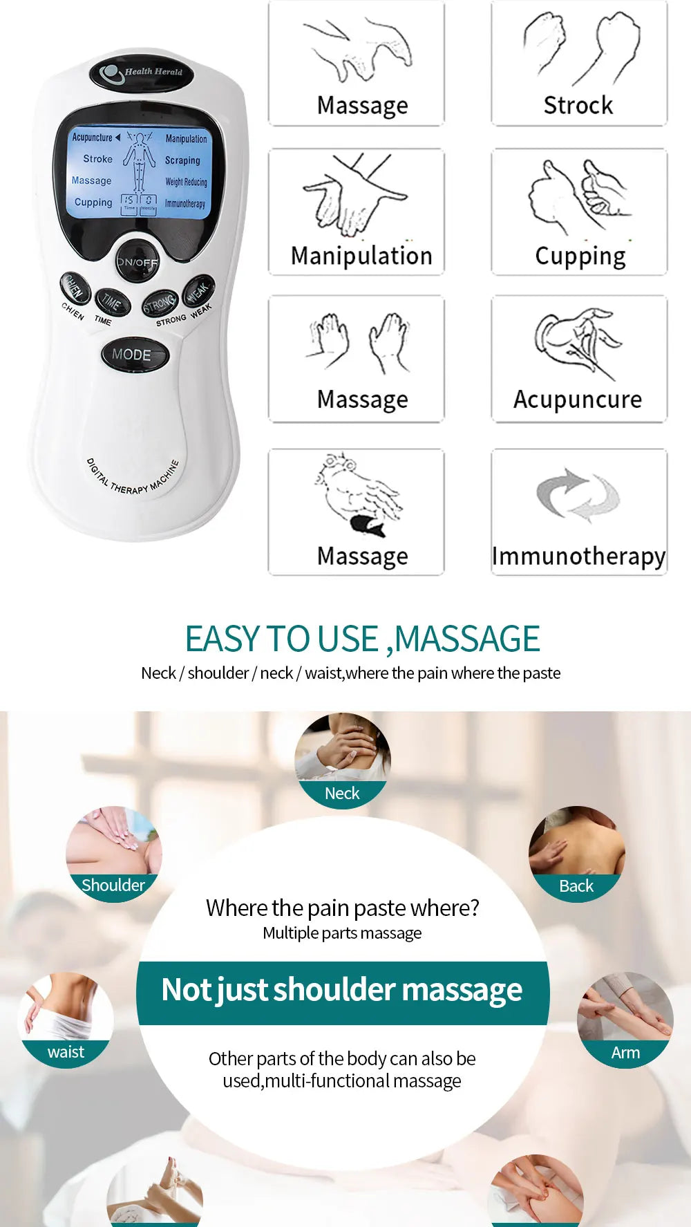 Electric Massage Instrument EMS Tense Machine Pulse Massager Tens Acupuncture Electrical Muscle Stimulator for Neck Back Body