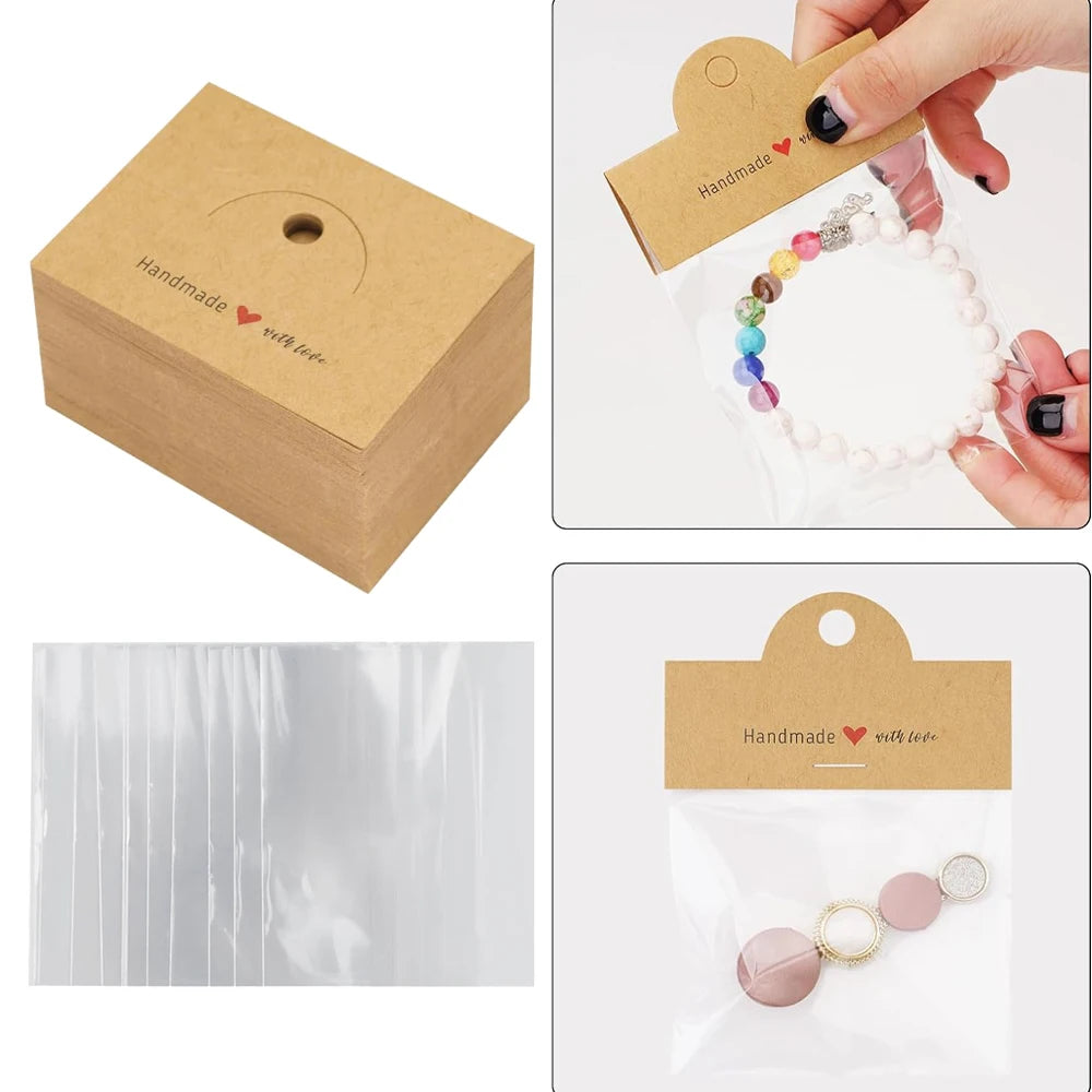 100Pcs Jewelry Package Bags,including 50bags and 50cards, jewelry display clear bags,bracelets,earrings,craft packaging sets