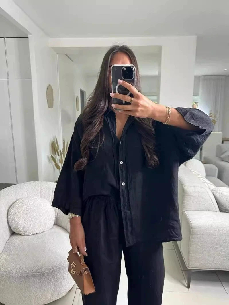 2025 New Cotton Linen Women Suits Fashionable Temperament Commuting Shirt Two-Piece Sets For Women Summer Long Sleeve Shirt Sets