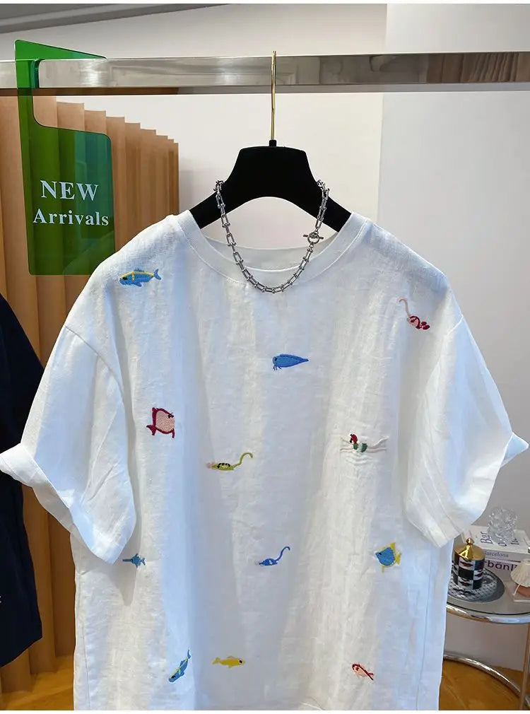 Embroidered Cotton Linen Short-sleeved T-shirt Summer New Loose Casual Round Neck Top for Women