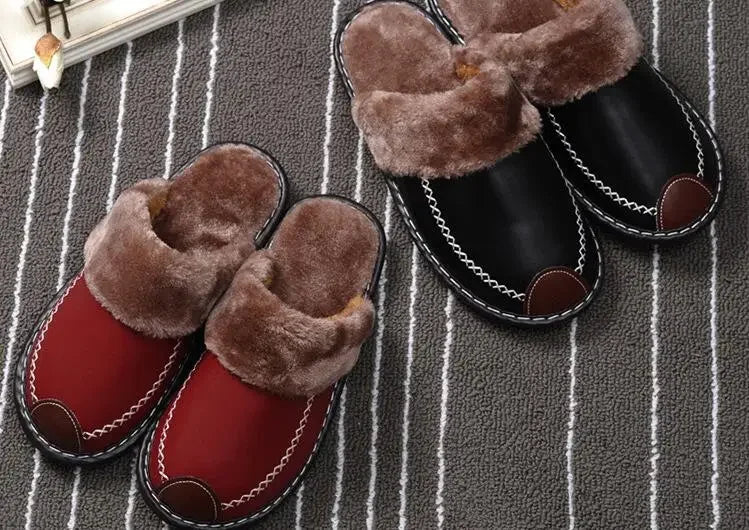 Men Women Winter Leather Slippers Bedroom Cotton Slippers Male Waterproof Thick Plus Velvet Indoor Warm House Home Slippers Shoe