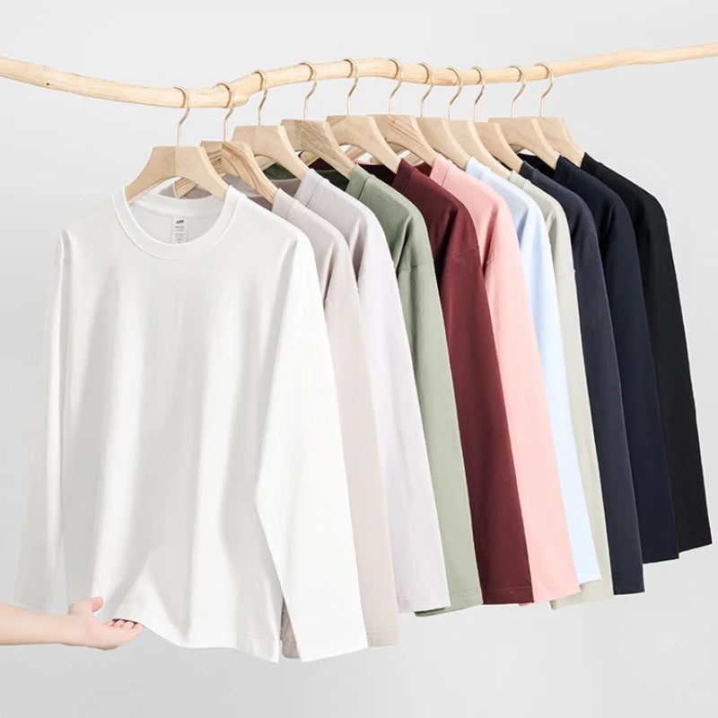 2026 100% Cotton T Shirt Women Autumn Winter Ribbed Causal O-Neck Basic Long Sleeve Harajuku Tops Fashion Loose Versatile Tees