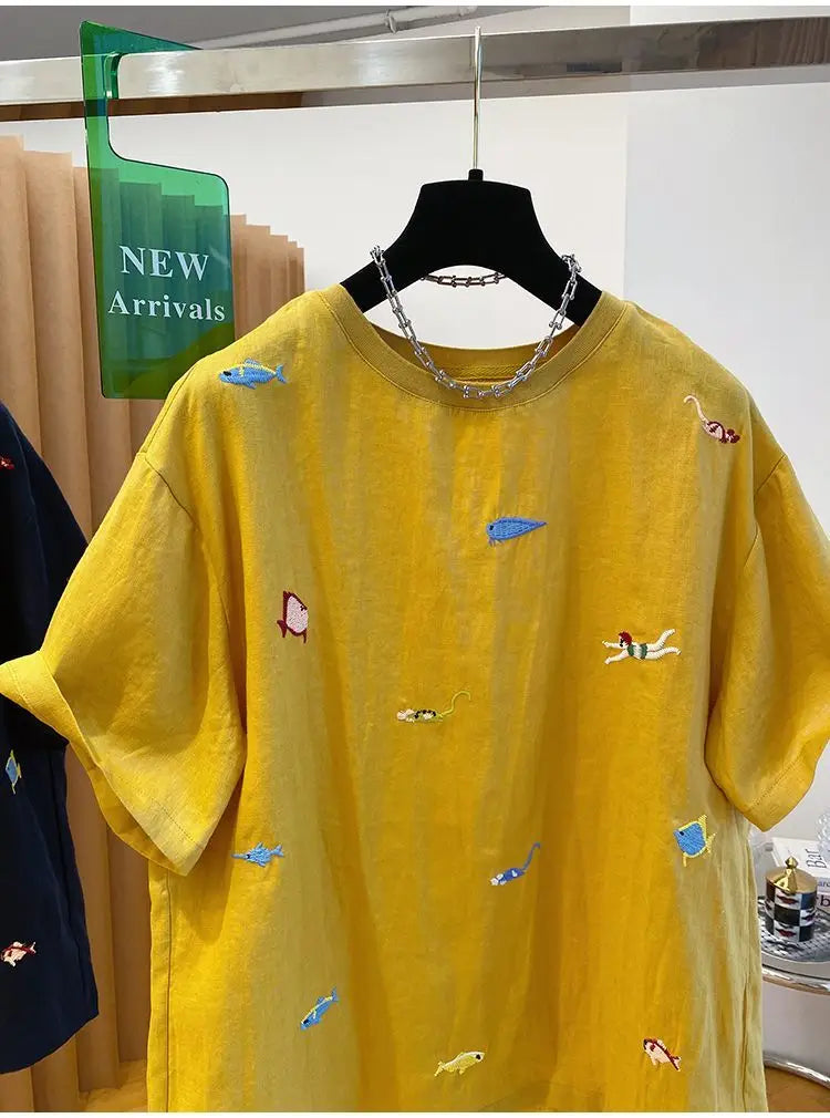 Embroidered Cotton Linen Short-sleeved T-shirt Summer New Loose Casual Round Neck Top for Women