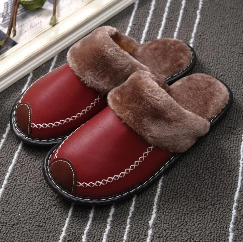 Men Women Winter Leather Slippers Bedroom Cotton Slippers Male Waterproof Thick Plus Velvet Indoor Warm House Home Slippers Shoe