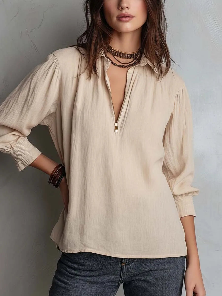 Women‘s Linen Shirt, Oversized Zip-Up Blouse, Casual Loose Fit Pure Color Top, Summer Long Sleeve Shirts for Women •