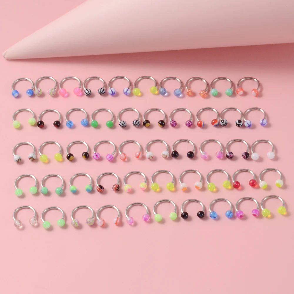 50PCS Colorful Ball Horseshoe Nose Ring Septum Eyebrow Nose Piercing Jewelry Steel Acrylic Nose Lip Ear Daith Helix Earring