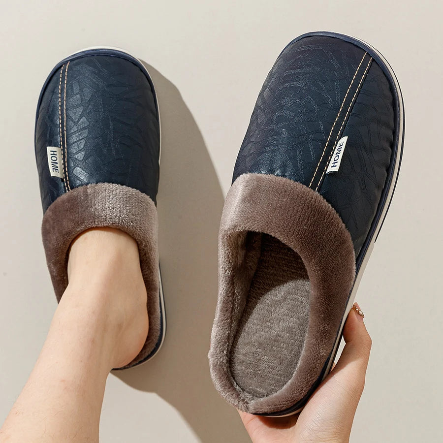 Bedroom Fashion Warm Soft Winter Men's Slippers Indoor Comfy Casual Big Size Anti-slip PU Surface Waterproof Home Plush Shoes