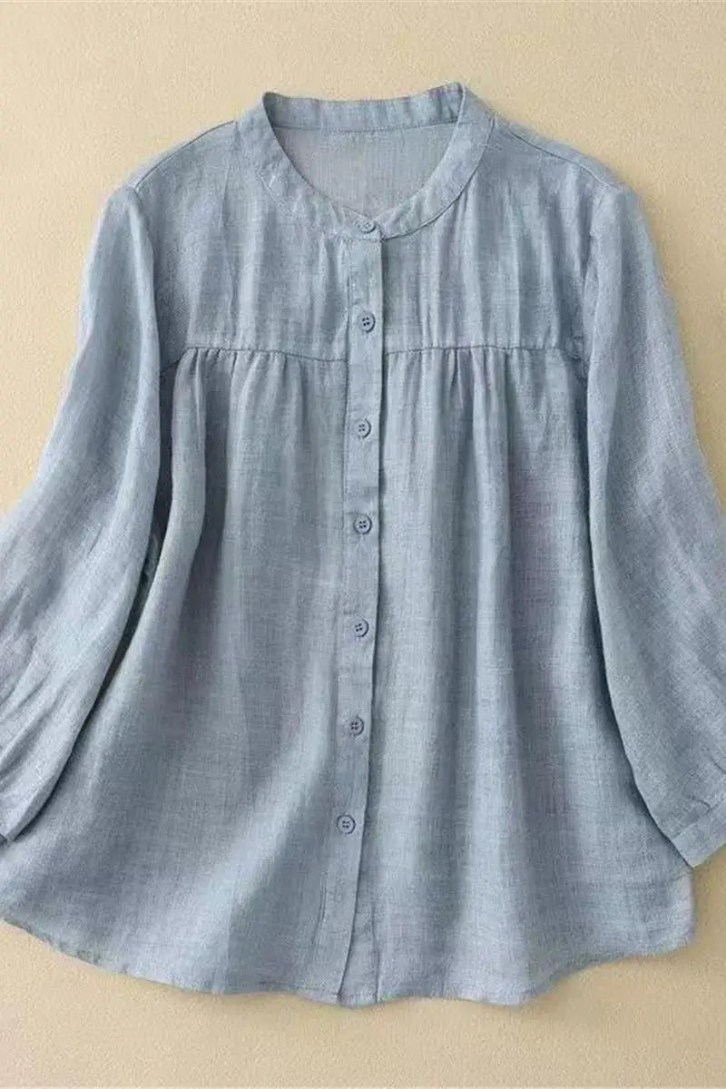 Women's Linen Cotton Blouse - Stand Collar 3/4 Sleeve Loose Fit Casual Shirt
