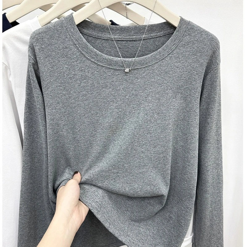 2026 100% Cotton T Shirt Women Autumn Winter Ribbed Causal O-Neck Basic Long Sleeve Harajuku Tops Fashion Loose Versatile Tees