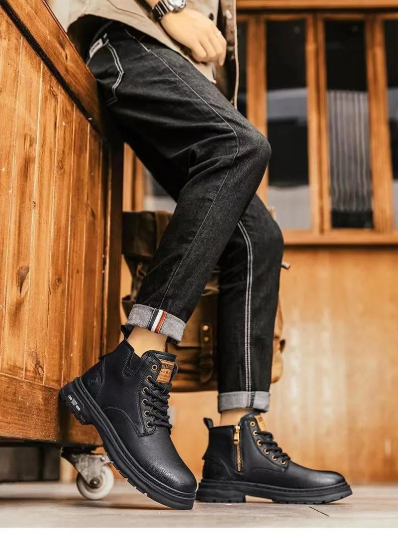 Men's Boots Fashion Motorcycle Boots High-top Casual Leather Boots for Men Plush Warm Winter Boot Non Slip Platform Boot Botas
