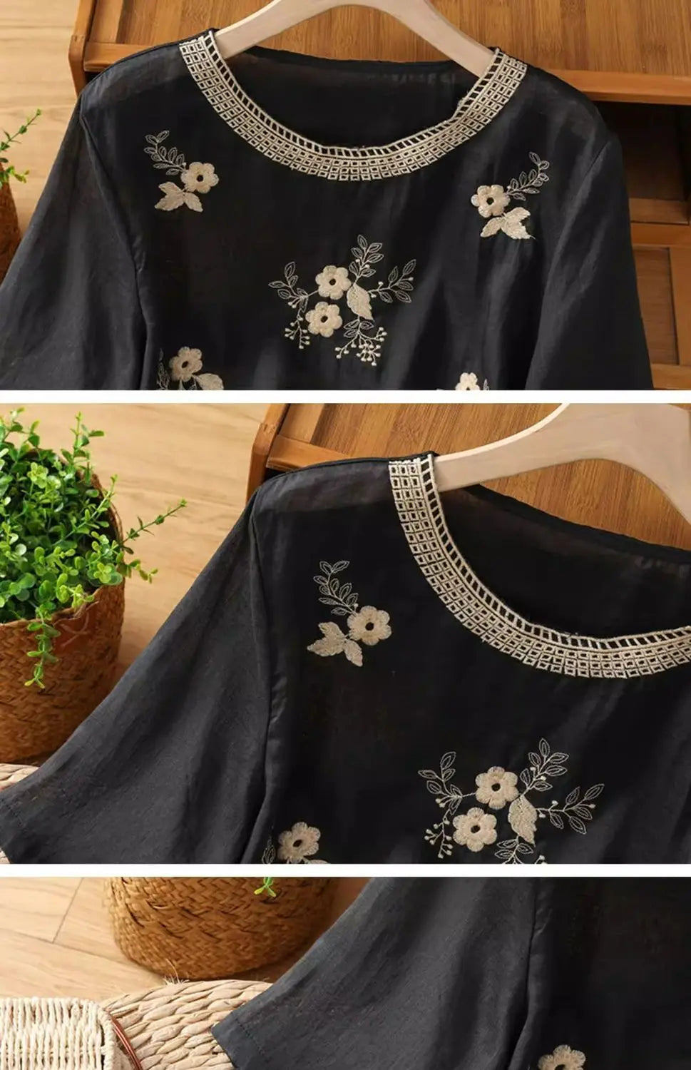 Women's Casual Linen Blouse Floral Embroidery Round Neck Short Sleeve Side Split Loose Fit Summer Tops